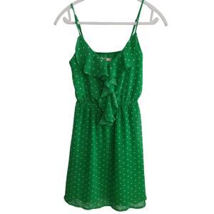 Los Angeles babydoll Cami dress. Green/white polka dot. Waterfall ruffle. Size M